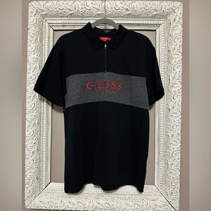 Guess Men's Polo Shirt in Black and Gray with Red Logo. ❣️